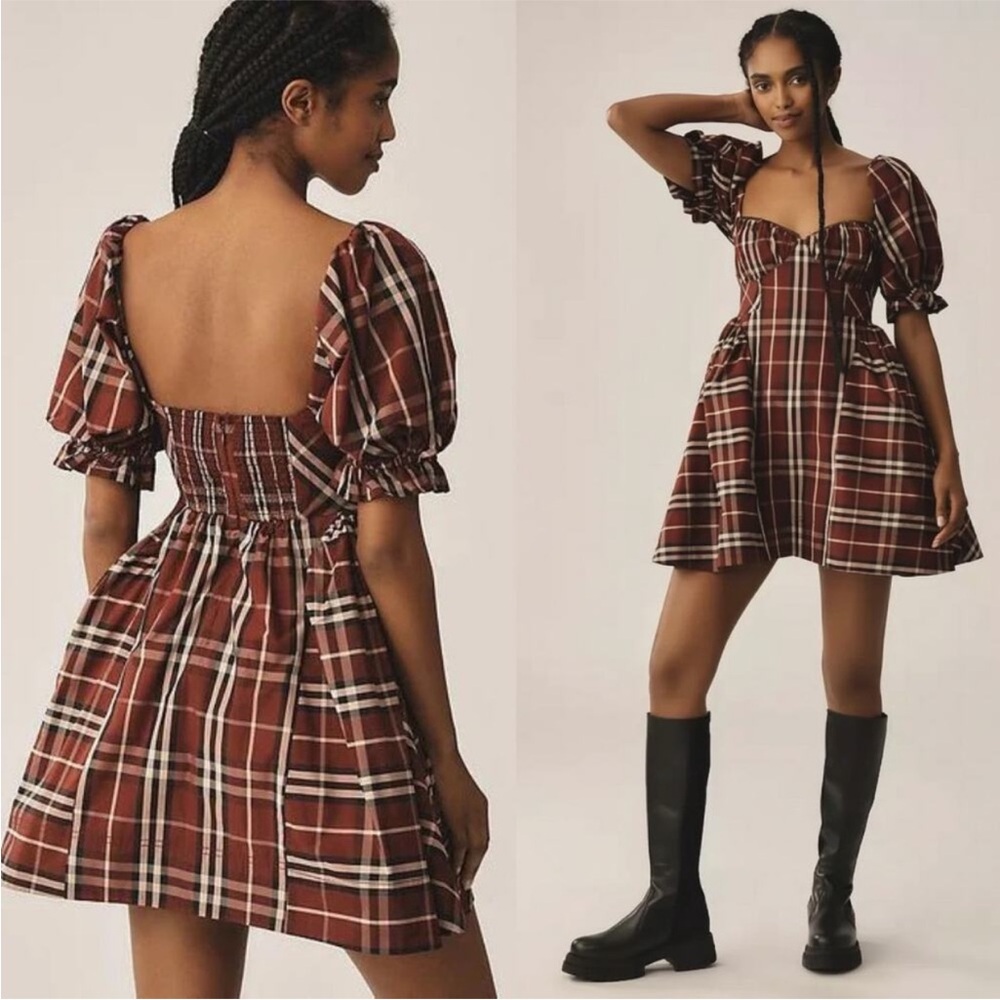 Maeve Checkered Mini Dress in Brown and White